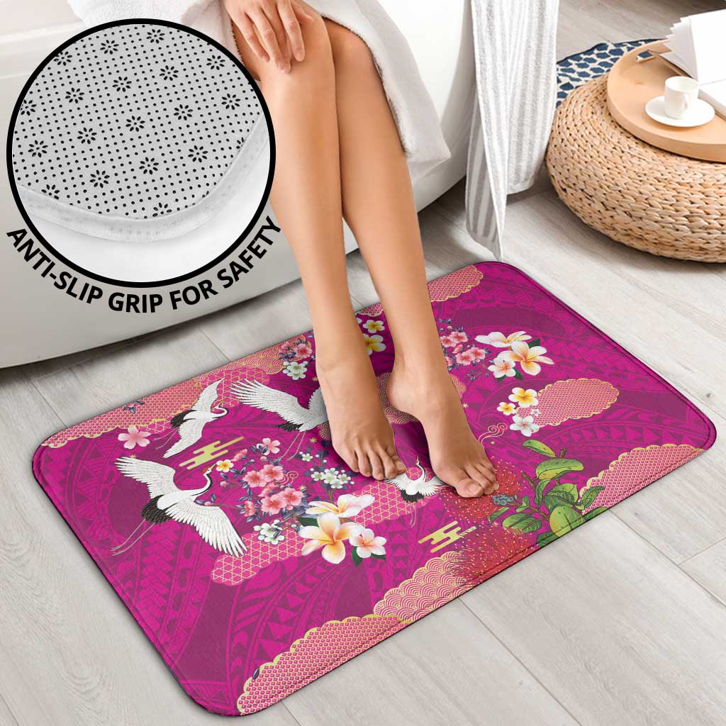 Hawaiian and Japanese Culture Together Bathroom Set Pink Ohia Lehua Plumeria and Sakura Blooming - Polynesian Pride