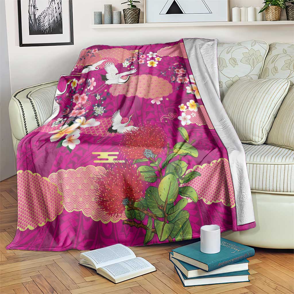 Hawaiian and Japanese Culture Together Blanket Pink Ohia Lehua Plumeria and Sakura Blooming - Polynesian Pride