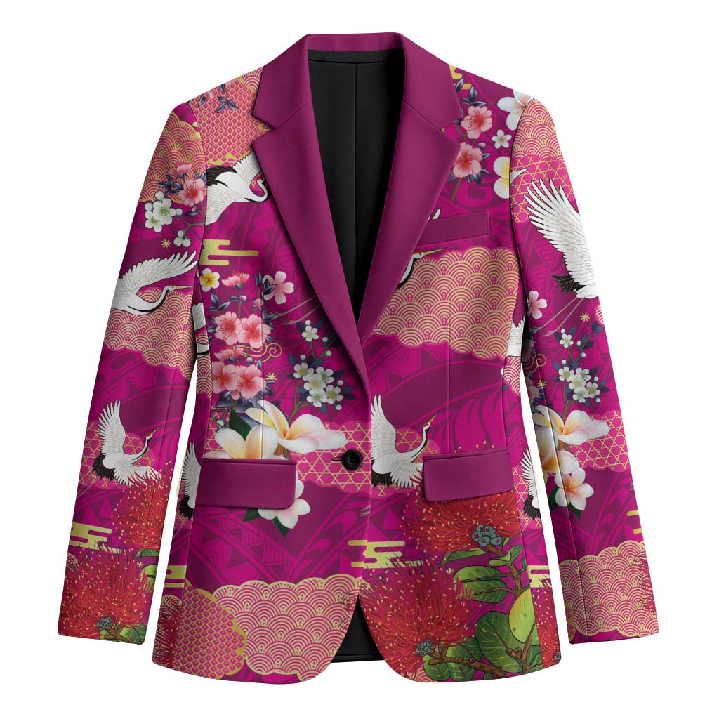 Hawaiian and Japanese Culture Together Blazer Pink Ohia Lehua Plumeria and Sakura Blooming - Polynesian Pride