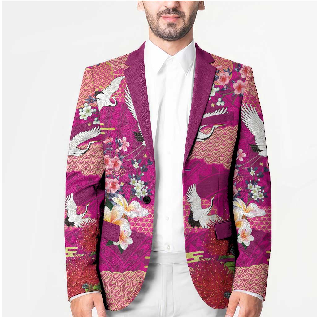 Hawaiian and Japanese Culture Together Blazer Pink Ohia Lehua Plumeria and Sakura Blooming - Polynesian Pride