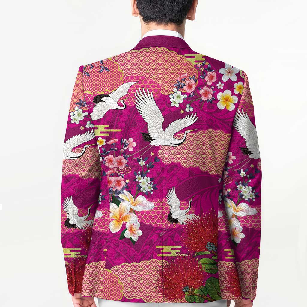 Hawaiian and Japanese Culture Together Blazer Pink Ohia Lehua Plumeria and Sakura Blooming - Polynesian Pride