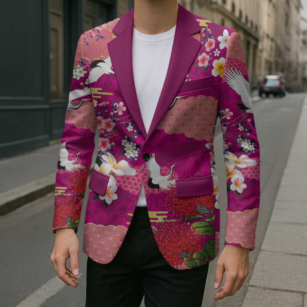 Hawaiian and Japanese Culture Together Blazer Pink Ohia Lehua Plumeria and Sakura Blooming - Polynesian Pride