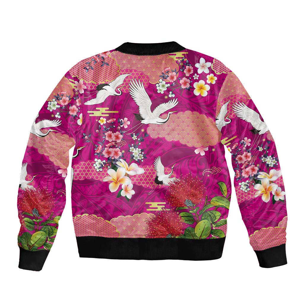 Hawaiian and Japanese Culture Together Bomber Jacket Pink Ohia Lehua Plumeria and Sakura Blooming - Polynesian Pride