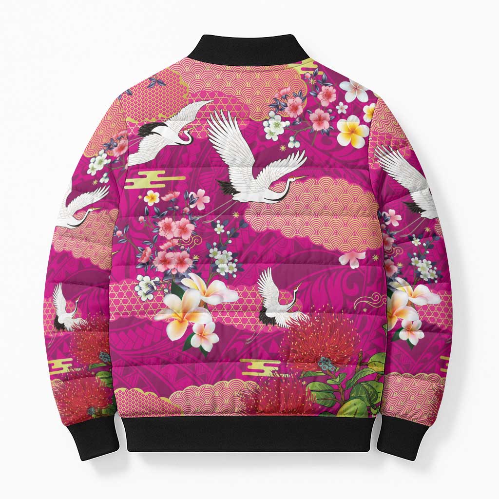 Hawaiian and Japanese Culture Together Bomber Puffer Jacket Pink Ohia Lehua Plumeria and Sakura Blooming - Polynesian Pride
