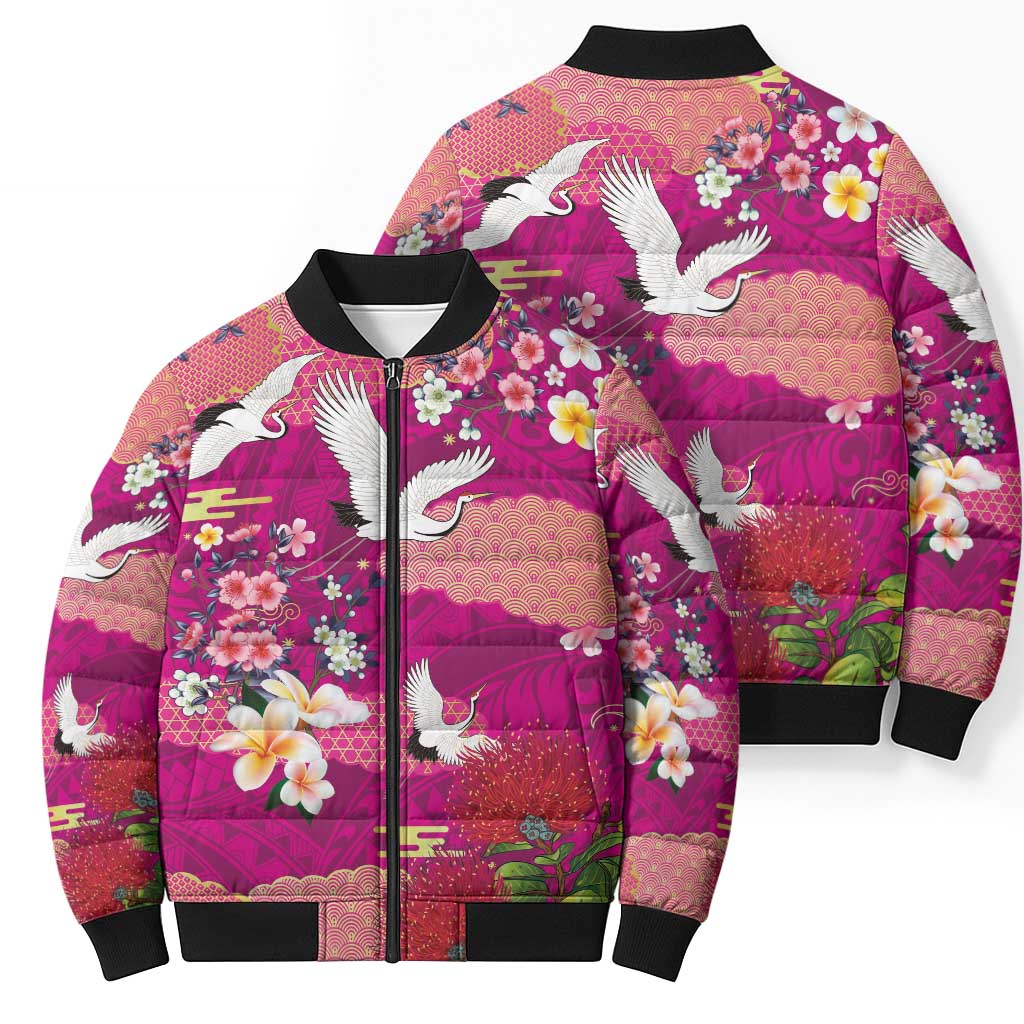 Hawaiian and Japanese Culture Together Bomber Puffer Jacket Pink Ohia Lehua Plumeria and Sakura Blooming - Polynesian Pride
