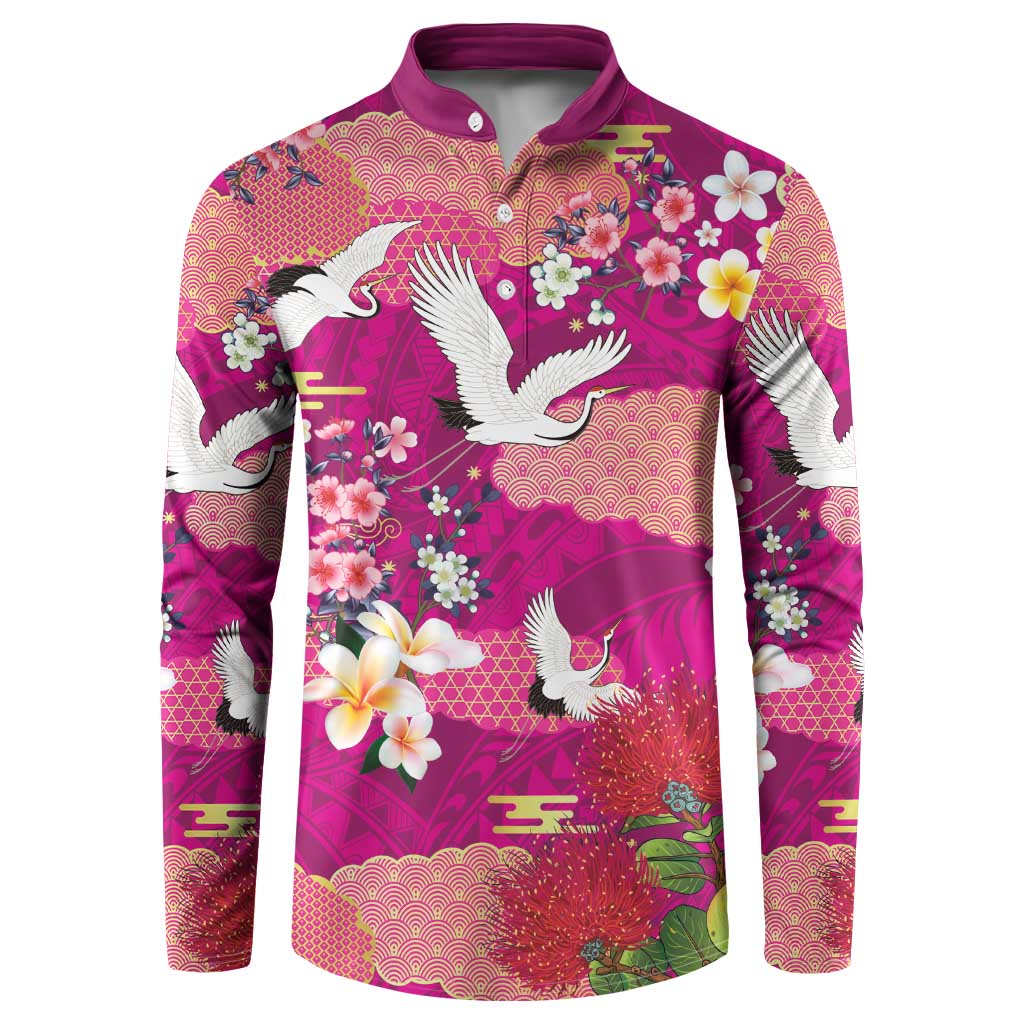 Hawaiian and Japanese Culture Together Button Sweatshirt Pink Ohia Lehua Plumeria and Sakura Blooming - Polynesian Pride