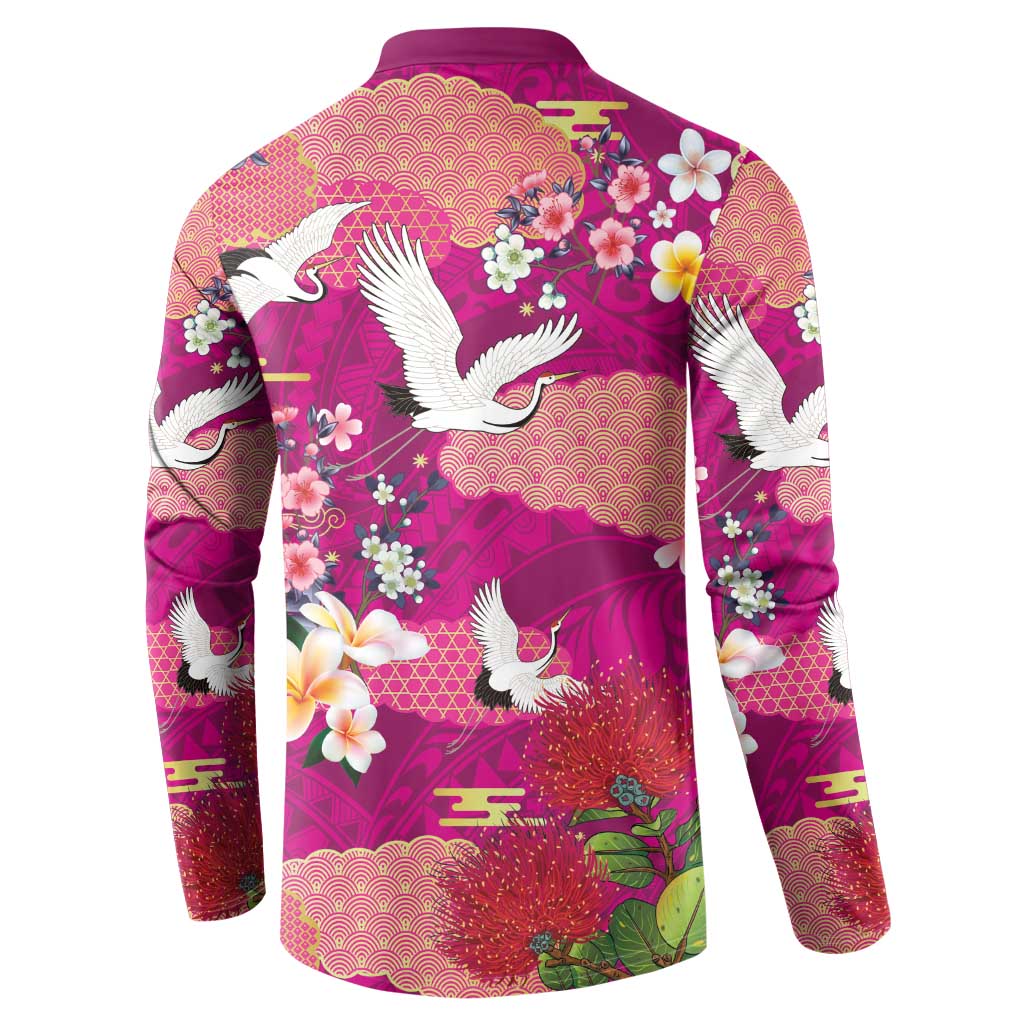 Hawaiian and Japanese Culture Together Button Sweatshirt Pink Ohia Lehua Plumeria and Sakura Blooming - Polynesian Pride