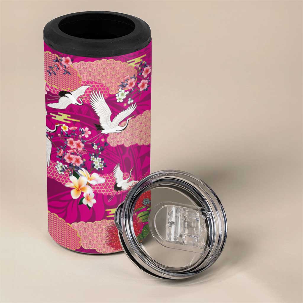 Hawaiian and Japanese Culture Together 4 in 1 Can Cooler Tumbler Pink Ohia Lehua Plumeria and Sakura Blooming - Polynesian Pride