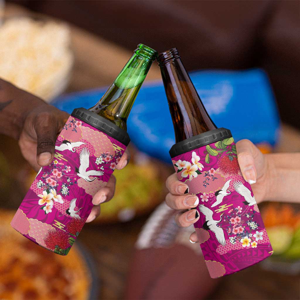 Hawaiian and Japanese Culture Together 4 in 1 Can Cooler Tumbler Pink Ohia Lehua Plumeria and Sakura Blooming - Polynesian Pride