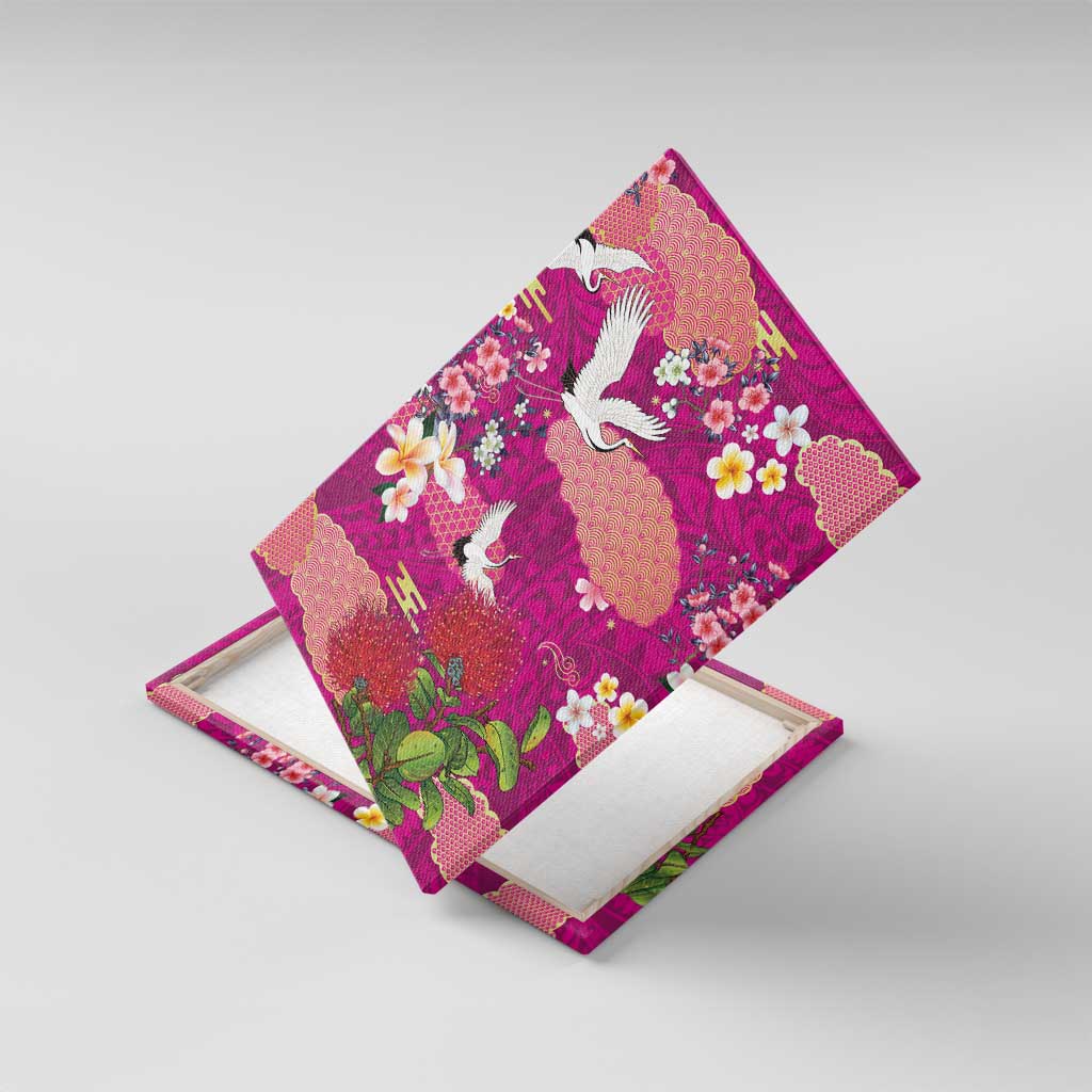 Hawaiian and Japanese Culture Together Canvas Wall Art Pink Ohia Lehua Plumeria and Sakura Blooming - Polynesian Pride