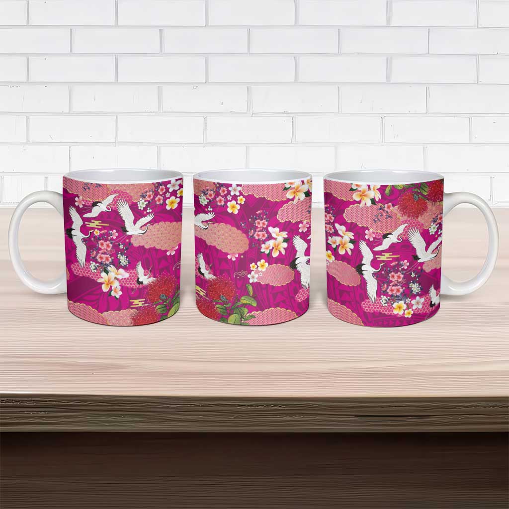 Hawaiian and Japanese Culture Together Ceramic Mug Pink Ohia Lehua Plumeria and Sakura Blooming - Polynesian Pride