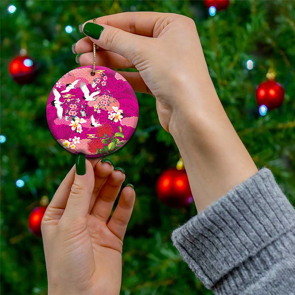 Hawaiian and Japanese Culture Together Ceramic Ornament Pink Ohia Lehua Plumeria and Sakura Blooming - Polynesian Pride