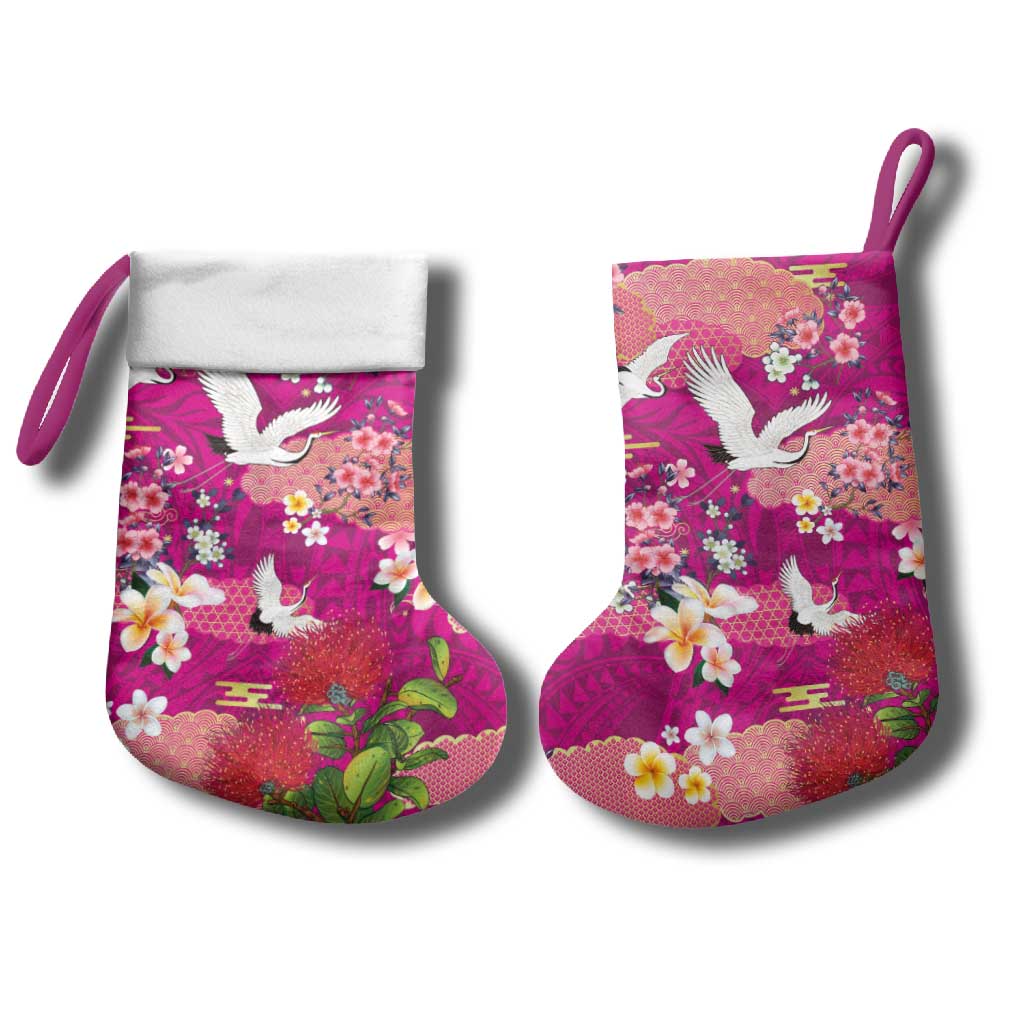 Hawaiian and Japanese Culture Together Christmas Stocking Pink Ohia Lehua Plumeria and Sakura Blooming - Polynesian Pride