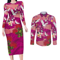 Hawaiian and Japanese Culture Together Couples Matching Long Sleeve Bodycon Dress and Long Sleeve Button Shirt Pink Ohia Lehua Plumeria and Sakura Blooming - Polynesian Pride