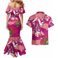 Hawaiian and Japanese Culture Together Couples Matching Mermaid Dress and Hawaiian Shirt Pink Ohia Lehua Plumeria and Sakura Blooming - Polynesian Pride