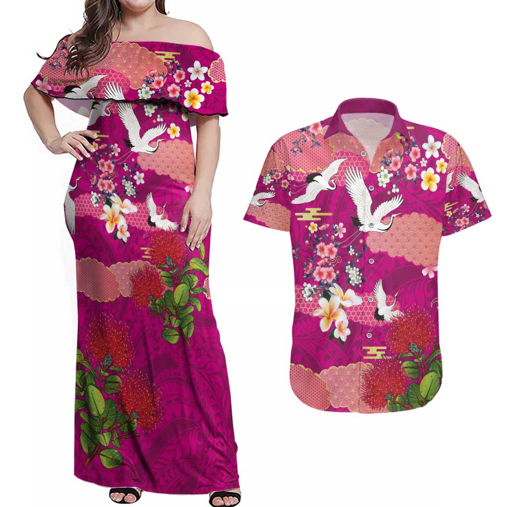 Hawaiian and Japanese Culture Together Couples Matching Off Shoulder Maxi Dress and Hawaiian Shirt Pink Ohia Lehua Plumeria and Sakura Blooming - Polynesian Pride
