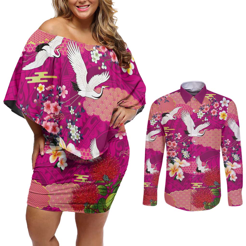 Hawaiian and Japanese Culture Together Couples Matching Off Shoulder Short Dress and Long Sleeve Button Shirt Pink Ohia Lehua Plumeria and Sakura Blooming - Polynesian Pride