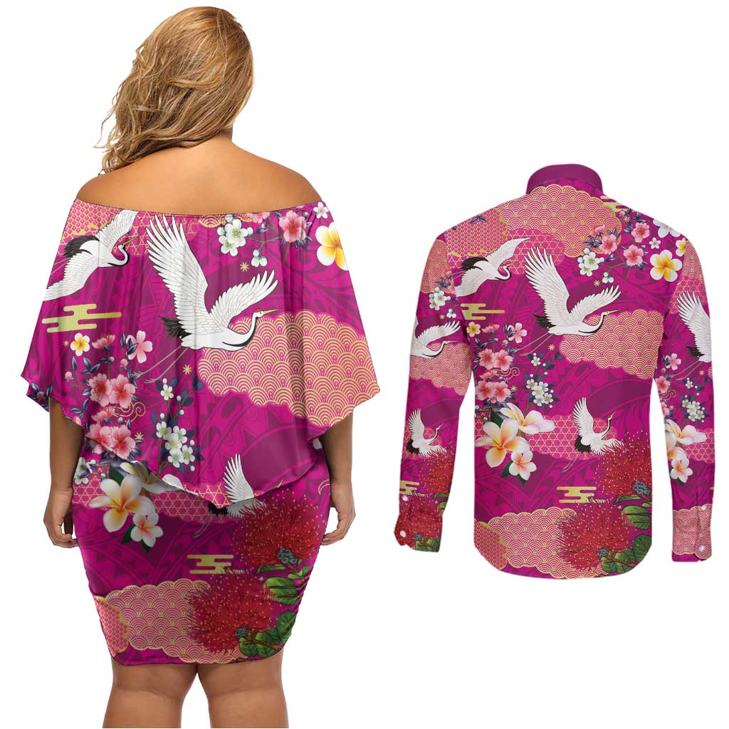 Hawaiian and Japanese Culture Together Couples Matching Off Shoulder Short Dress and Long Sleeve Button Shirt Pink Ohia Lehua Plumeria and Sakura Blooming - Polynesian Pride