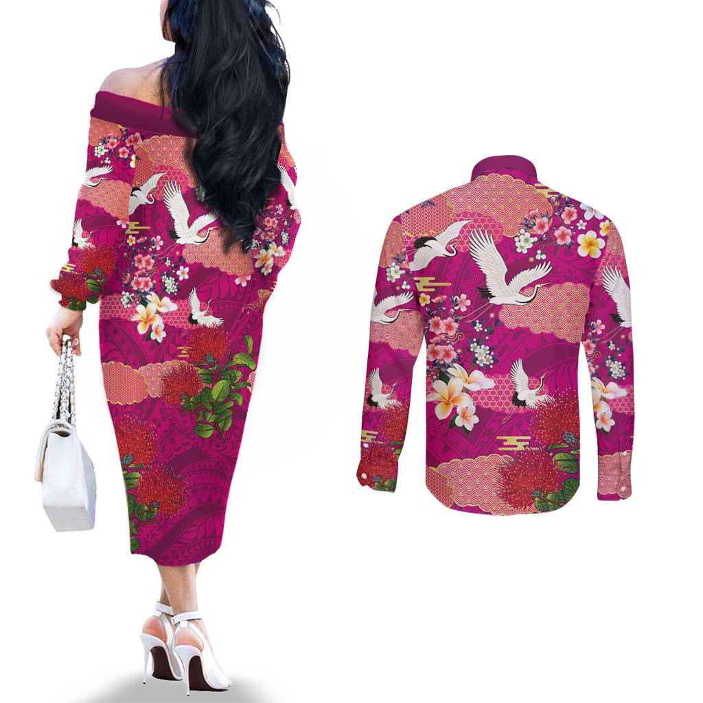 Hawaiian and Japanese Culture Together Couples Matching Off The Shoulder Long Sleeve Dress and Long Sleeve Button Shirt Pink Ohia Lehua Plumeria and Sakura Blooming - Polynesian Pride