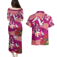 Hawaiian and Japanese Culture Together Couples Matching Puletasi and Hawaiian Shirt Pink Ohia Lehua Plumeria and Sakura Blooming - Polynesian Pride