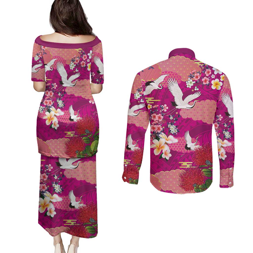 Hawaiian and Japanese Culture Together Couples Matching Puletasi and Long Sleeve Button Shirt Pink Ohia Lehua Plumeria and Sakura Blooming - Polynesian Pride