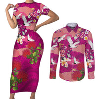 Hawaiian and Japanese Culture Together Couples Matching Short Sleeve Bodycon Dress and Long Sleeve Button Shirt Pink Ohia Lehua Plumeria and Sakura Blooming - Polynesian Pride