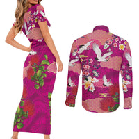 Hawaiian and Japanese Culture Together Couples Matching Short Sleeve Bodycon Dress and Long Sleeve Button Shirt Pink Ohia Lehua Plumeria and Sakura Blooming - Polynesian Pride