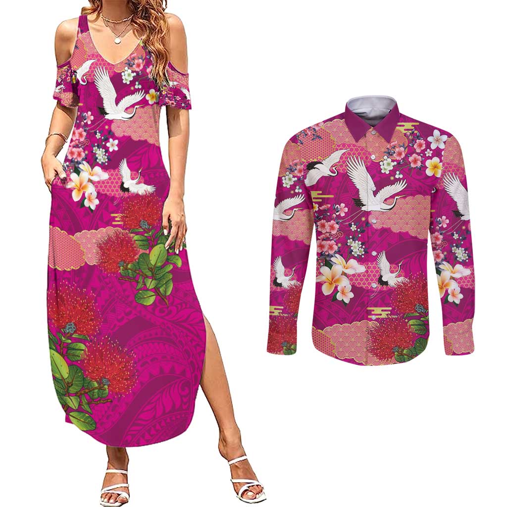 Hawaiian and Japanese Culture Together Couples Matching Summer Maxi Dress and Long Sleeve Button Shirt Pink Ohia Lehua Plumeria and Sakura Blooming - Polynesian Pride