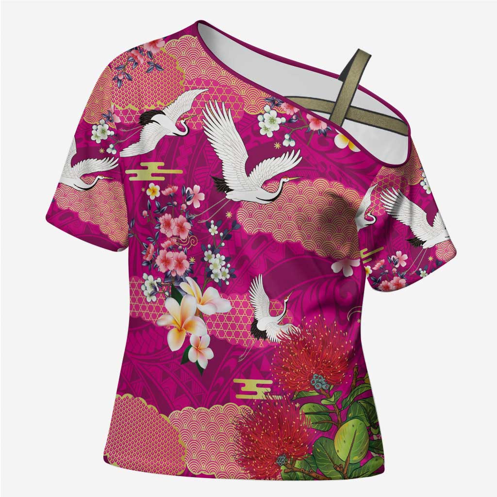 Hawaiian and Japanese Culture Together Cross Shoulder Shirt Pink Ohia Lehua Plumeria and Sakura Blooming - Polynesian Pride