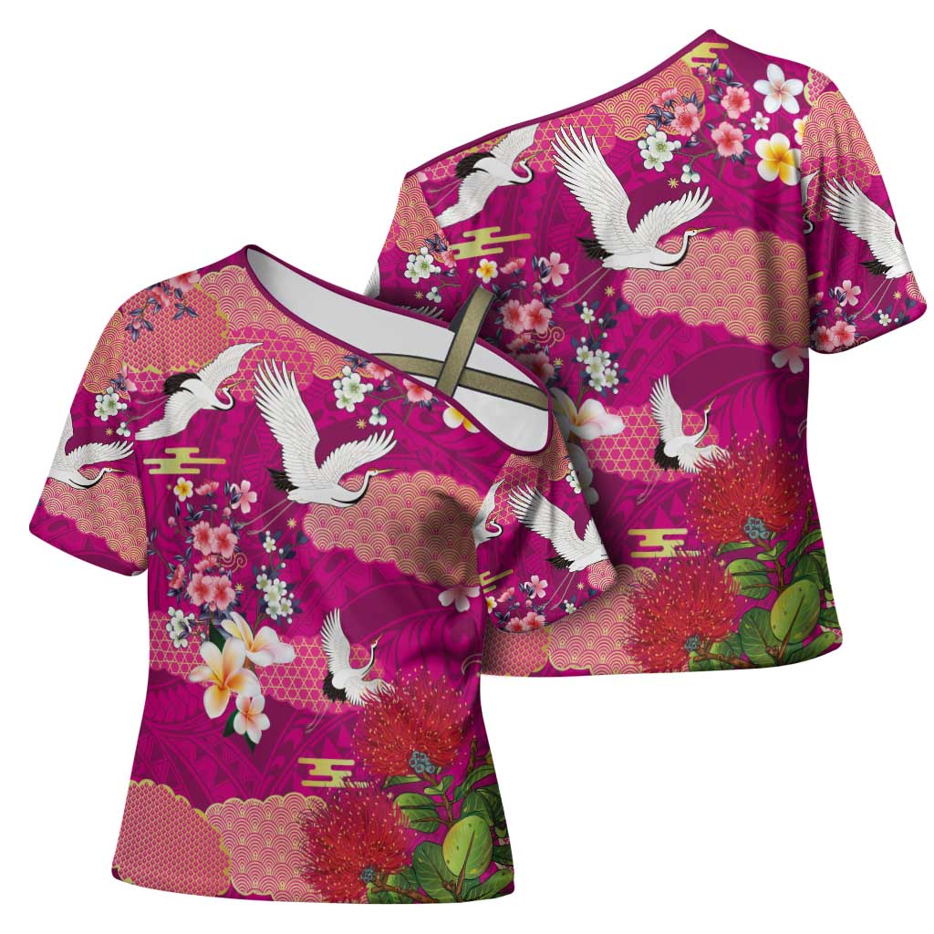 Hawaiian and Japanese Culture Together Cross Shoulder Shirt Pink Ohia Lehua Plumeria and Sakura Blooming - Polynesian Pride