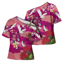 Hawaiian and Japanese Culture Together Cross Shoulder Shirt Pink Ohia Lehua Plumeria and Sakura Blooming - Polynesian Pride