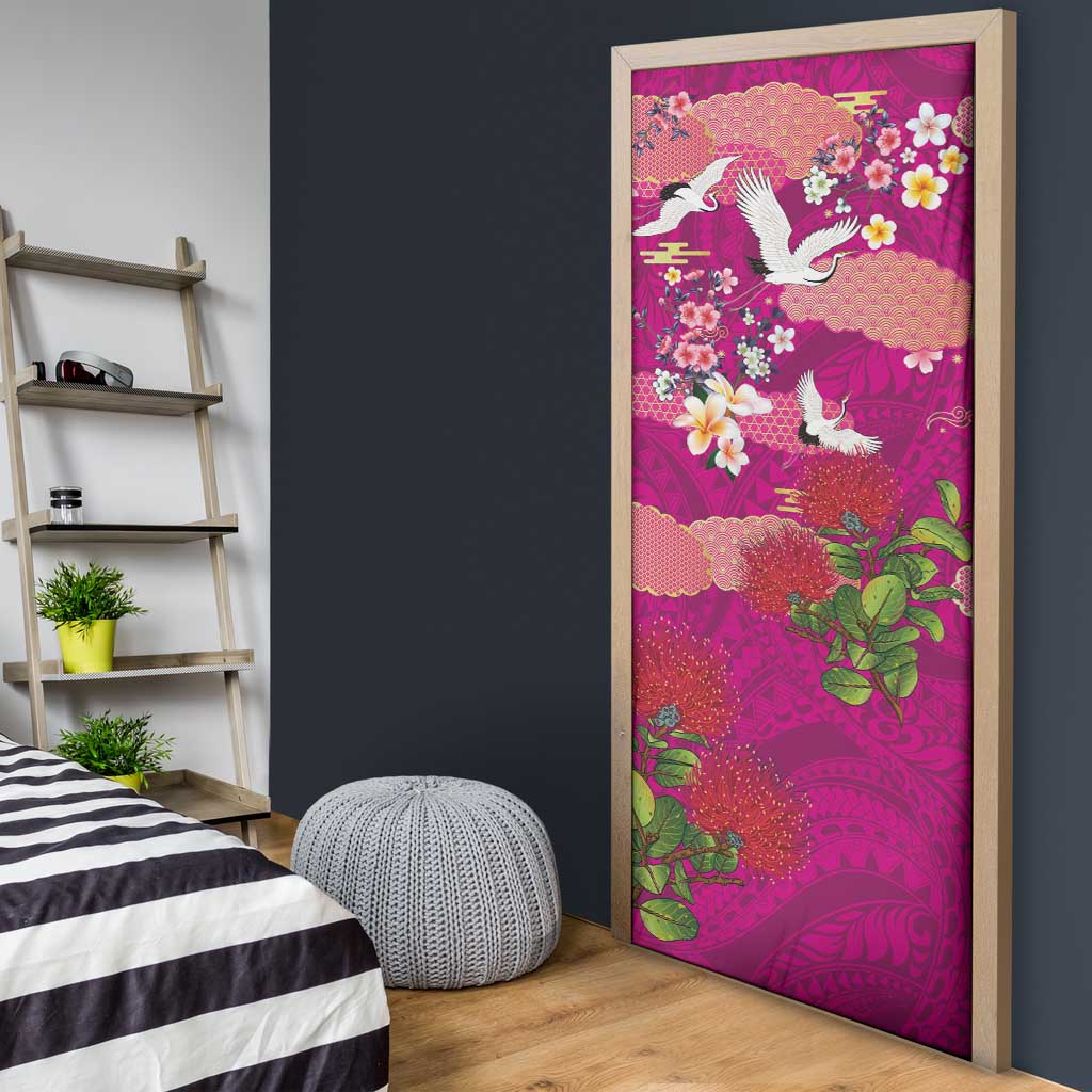 Hawaiian and Japanese Culture Together Door Cover Pink Ohia Lehua Plumeria and Sakura Blooming - Polynesian Pride