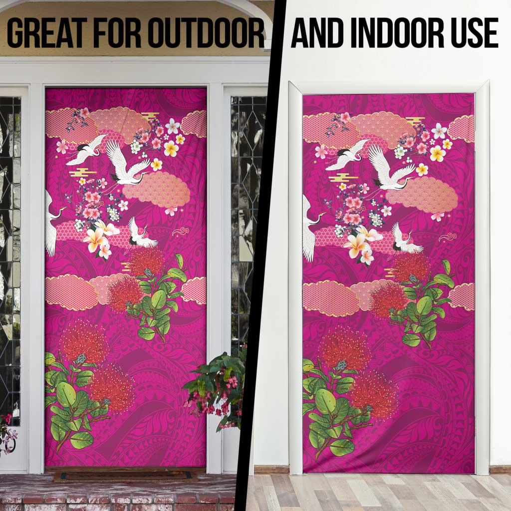 Hawaiian and Japanese Culture Together Door Cover Pink Ohia Lehua Plumeria and Sakura Blooming - Polynesian Pride