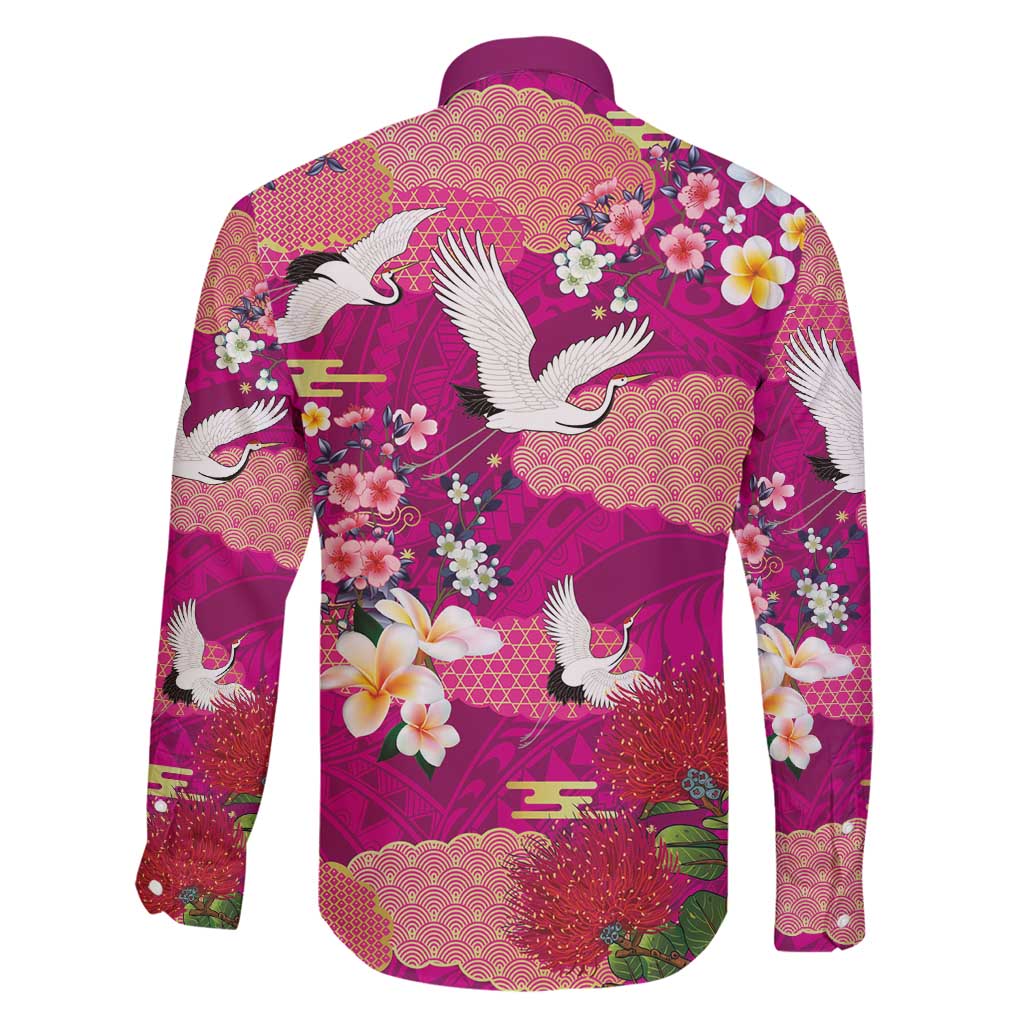 Hawaiian and Japanese Culture Together Family Matching Long Sleeve Bodycon Dress and Hawaiian Shirt Pink Ohia Lehua Plumeria and Sakura Blooming - Polynesian Pride