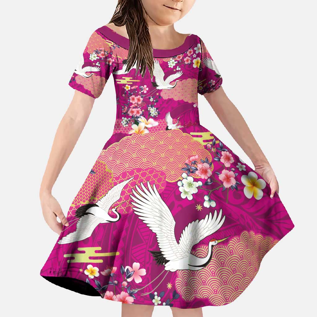Hawaiian and Japanese Culture Together Family Matching Off Shoulder Maxi Dress and Hawaiian Shirt Pink Ohia Lehua Plumeria and Sakura Blooming - Polynesian Pride
