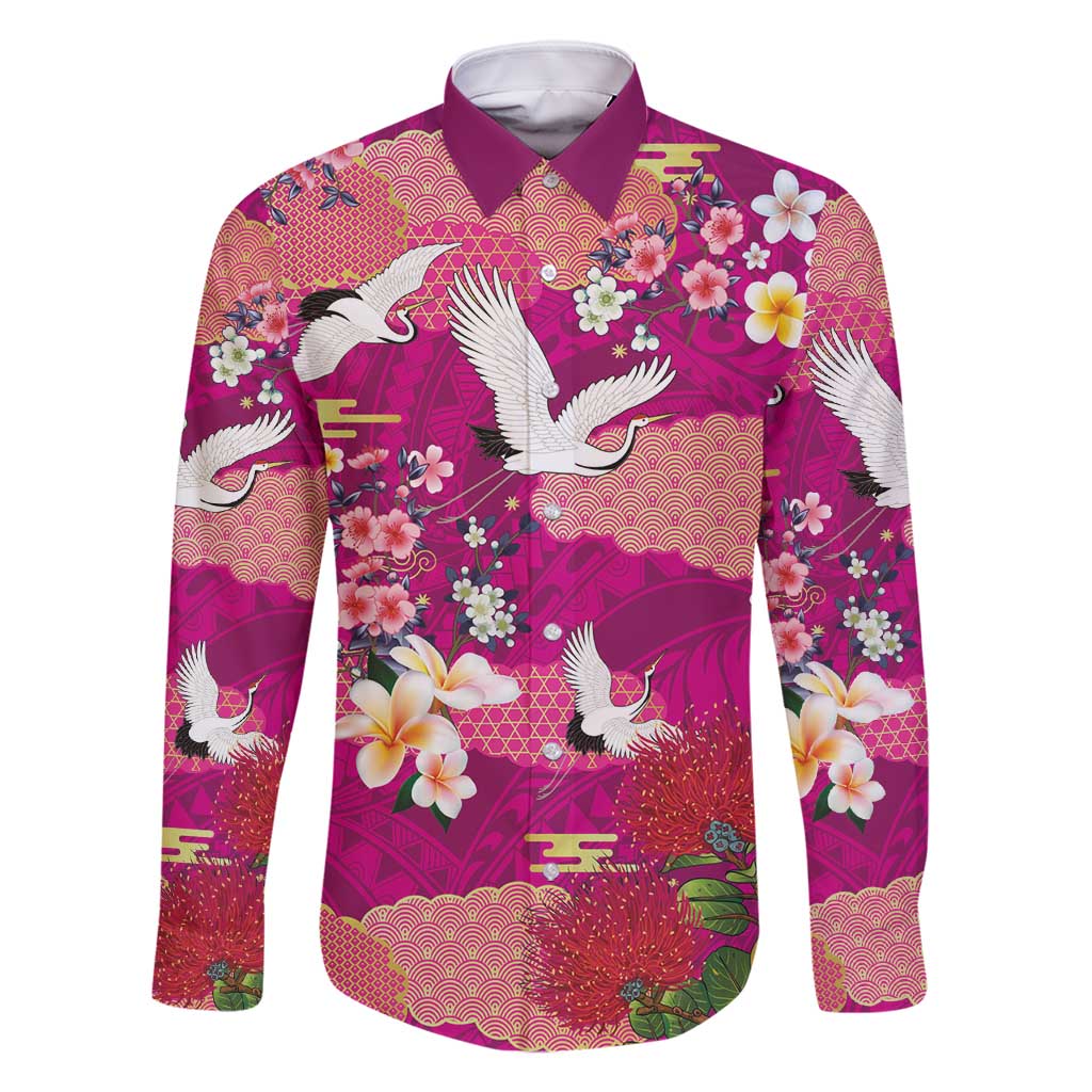 Hawaiian and Japanese Culture Together Family Matching Off Shoulder Maxi Dress and Hawaiian Shirt Pink Ohia Lehua Plumeria and Sakura Blooming - Polynesian Pride
