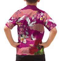 Hawaiian and Japanese Culture Together Family Matching Off Shoulder Short Dress and Hawaiian Shirt Pink Ohia Lehua Plumeria and Sakura Blooming - Polynesian Pride