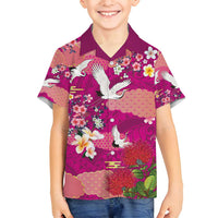 Hawaiian and Japanese Culture Together Family Matching Off Shoulder Short Dress and Hawaiian Shirt Pink Ohia Lehua Plumeria and Sakura Blooming - Polynesian Pride