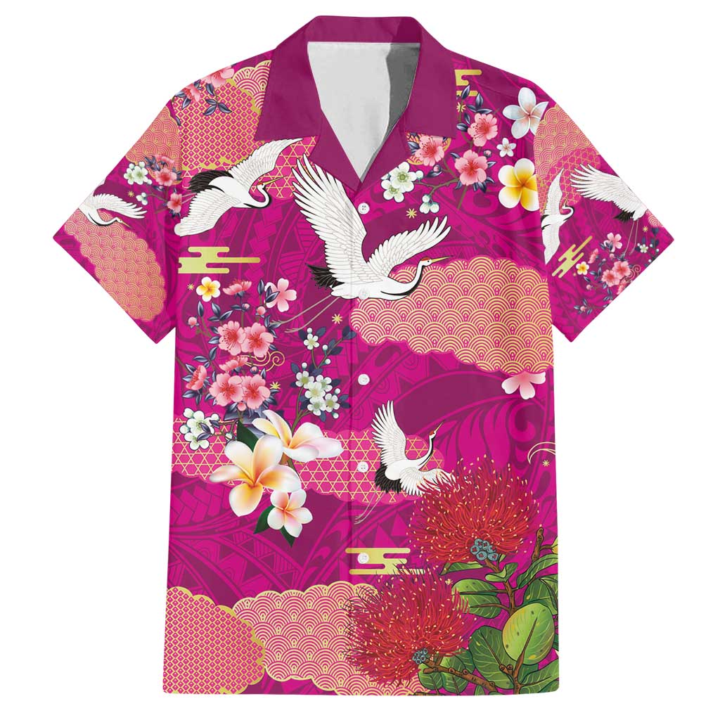 Hawaiian and Japanese Culture Together Family Matching Puletasi and Hawaiian Shirt Pink Ohia Lehua Plumeria and Sakura Blooming - Polynesian Pride