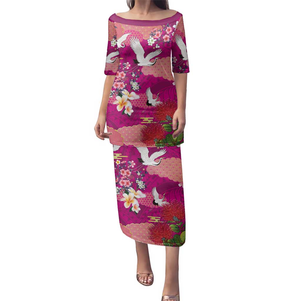 Hawaiian and Japanese Culture Together Family Matching Puletasi and Hawaiian Shirt Pink Ohia Lehua Plumeria and Sakura Blooming - Polynesian Pride