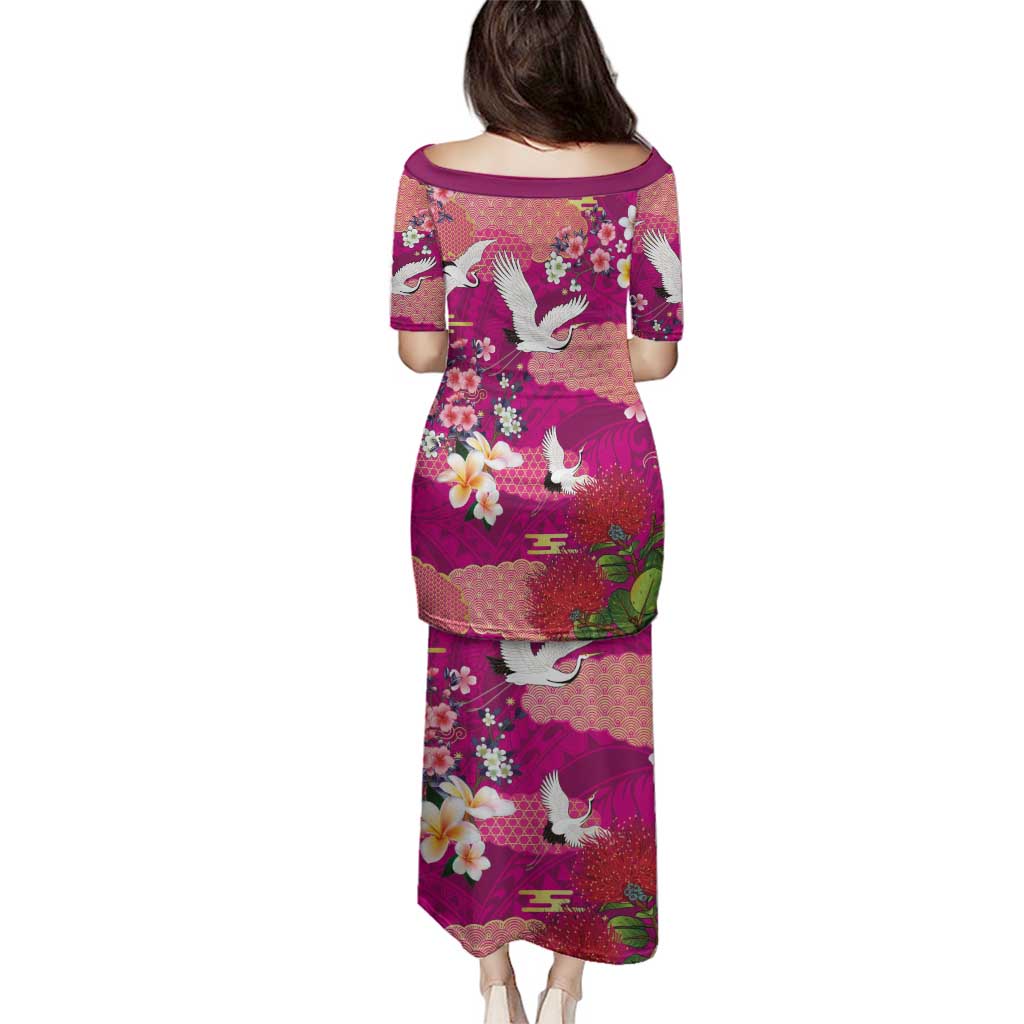 Hawaiian and Japanese Culture Together Family Matching Puletasi and Hawaiian Shirt Pink Ohia Lehua Plumeria and Sakura Blooming - Polynesian Pride