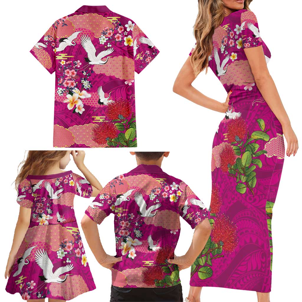Hawaiian and Japanese Culture Together Family Matching Short Sleeve Bodycon Dress and Hawaiian Shirt Pink Ohia Lehua Plumeria and Sakura Blooming - Polynesian Pride