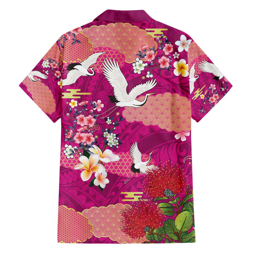 Hawaiian and Japanese Culture Together Family Matching Summer Maxi Dress and Hawaiian Shirt Pink Ohia Lehua Plumeria and Sakura Blooming - Polynesian Pride