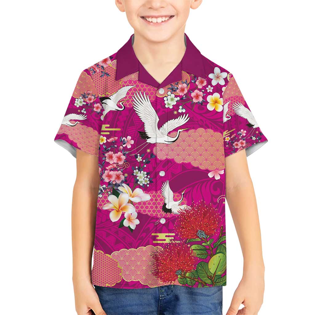 Hawaiian and Japanese Culture Together Family Matching Tank Maxi Dress and Hawaiian Shirt Pink Ohia Lehua Plumeria and Sakura Blooming - Polynesian Pride