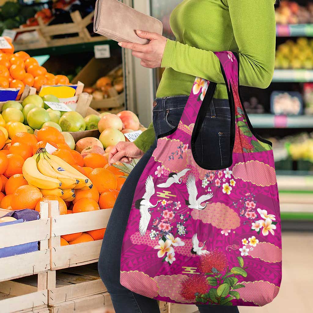 Hawaiian and Japanese Culture Together Grocery Bag Pink Ohia Lehua Plumeria and Sakura Blooming - Polynesian Pride