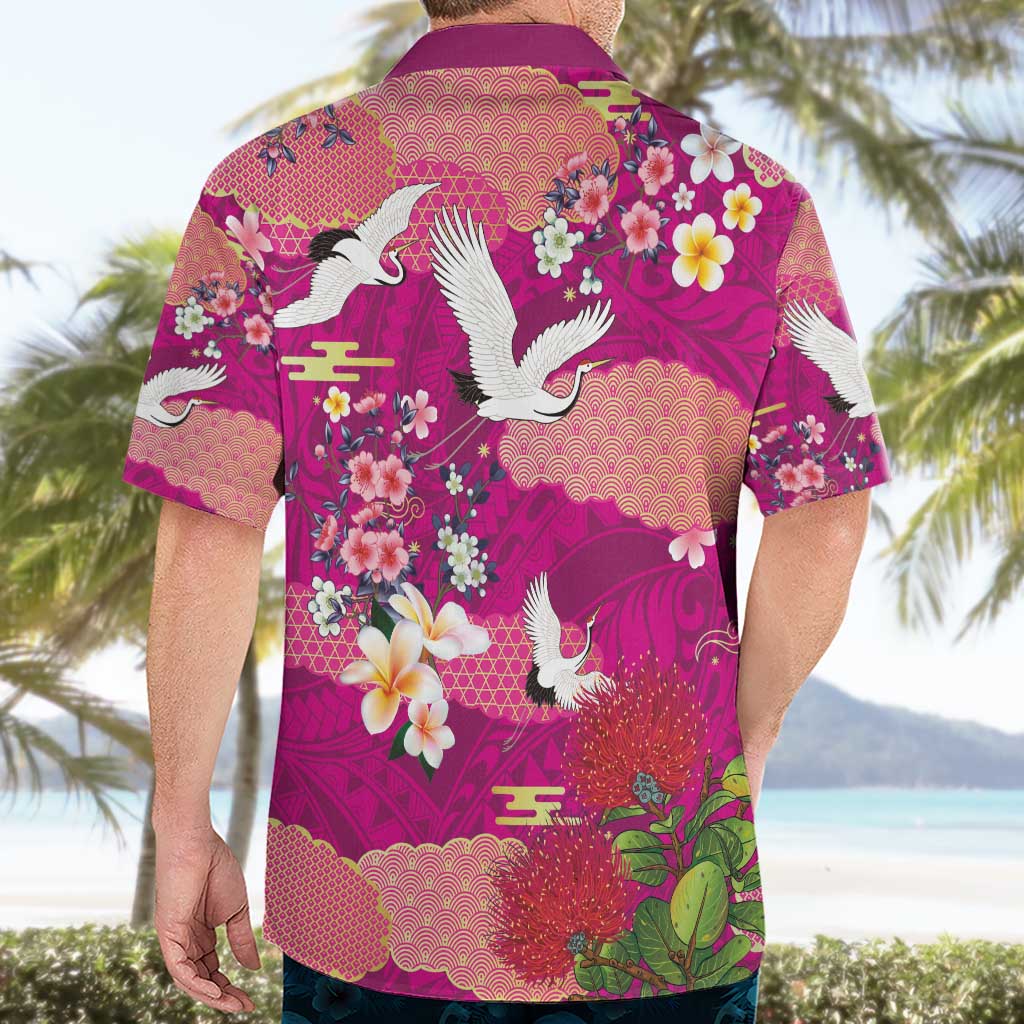Hawaiian and Japanese Culture Together Hawaiian Shirt Pink Ohia Lehua Plumeria and Sakura Blooming - Polynesian Pride