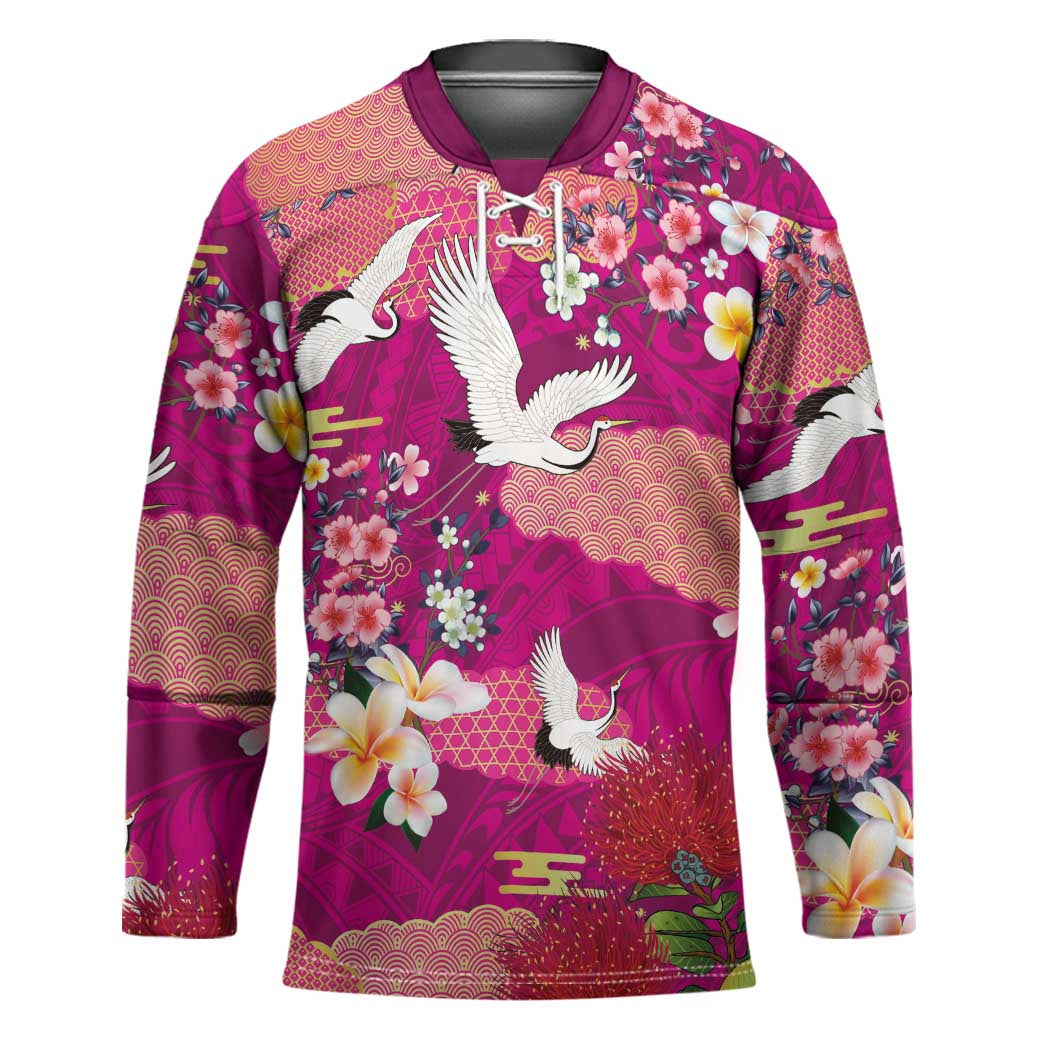 Hawaiian and Japanese Culture Together Hockey Jersey Pink Ohia Lehua Plumeria and Sakura Blooming - Polynesian Pride