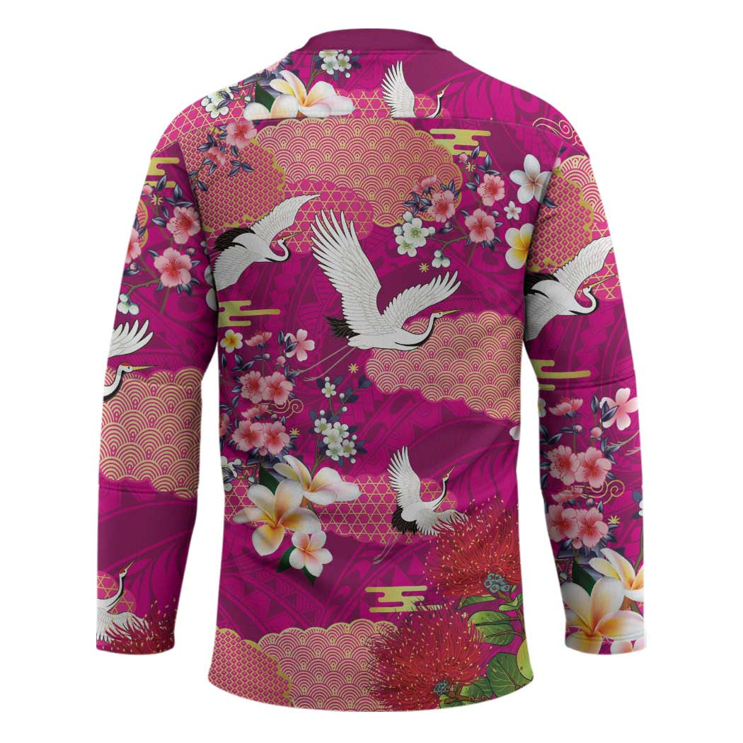 Hawaiian and Japanese Culture Together Hockey Jersey Pink Ohia Lehua Plumeria and Sakura Blooming - Polynesian Pride
