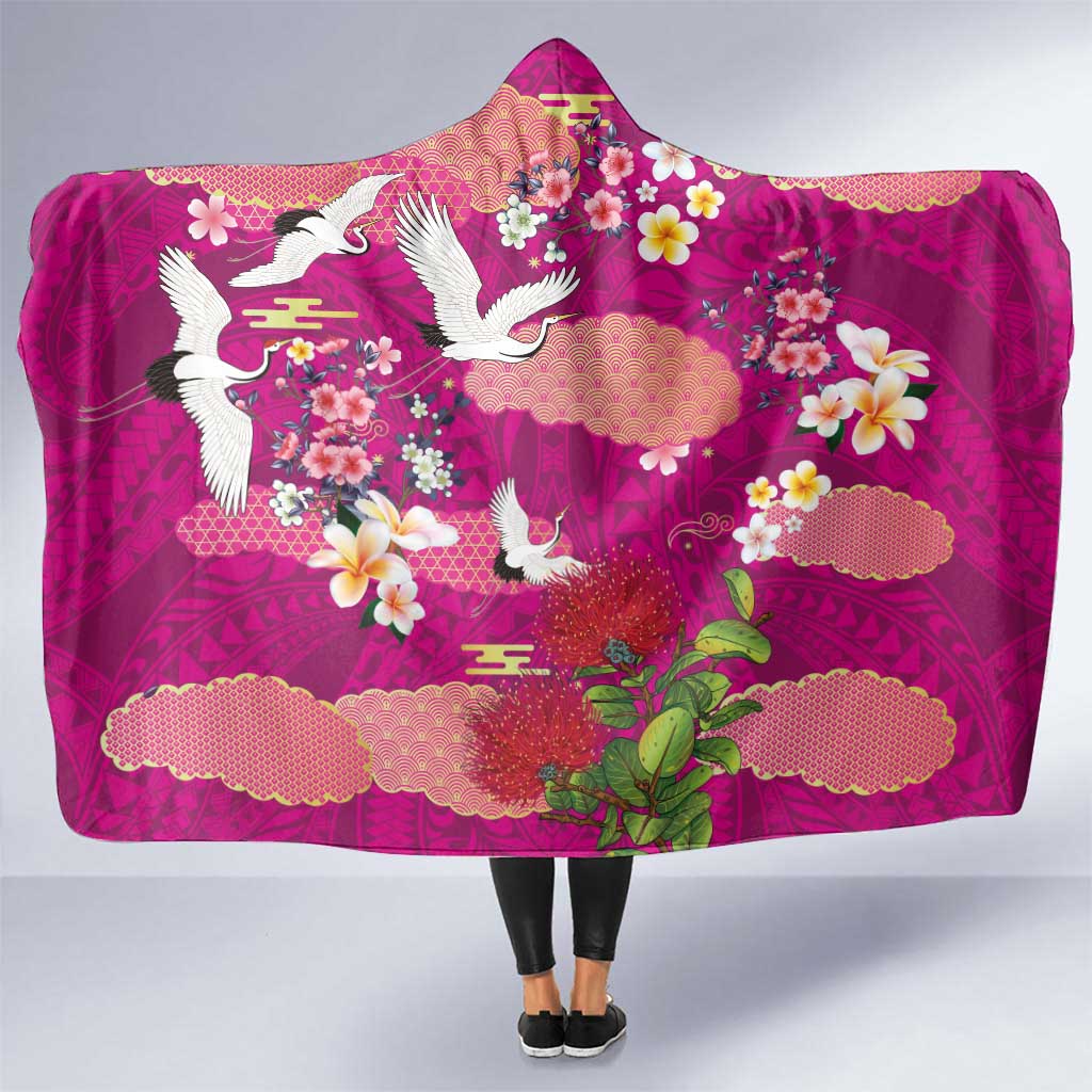 Hawaiian and Japanese Culture Together Hooded Blanket Pink Ohia Lehua Plumeria and Sakura Blooming - Polynesian Pride