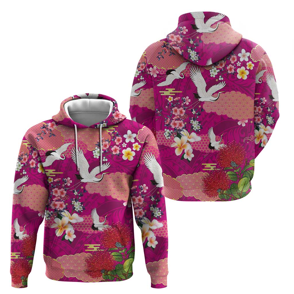 Hawaiian and Japanese Culture Together Hoodie Pink Ohia Lehua Plumeria and Sakura Blooming - Polynesian Pride
